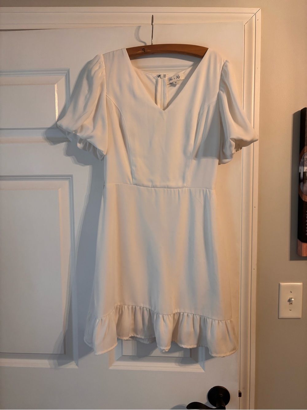 She + Sky Cream V-Neck Puff Sleeve Ruffle Dress